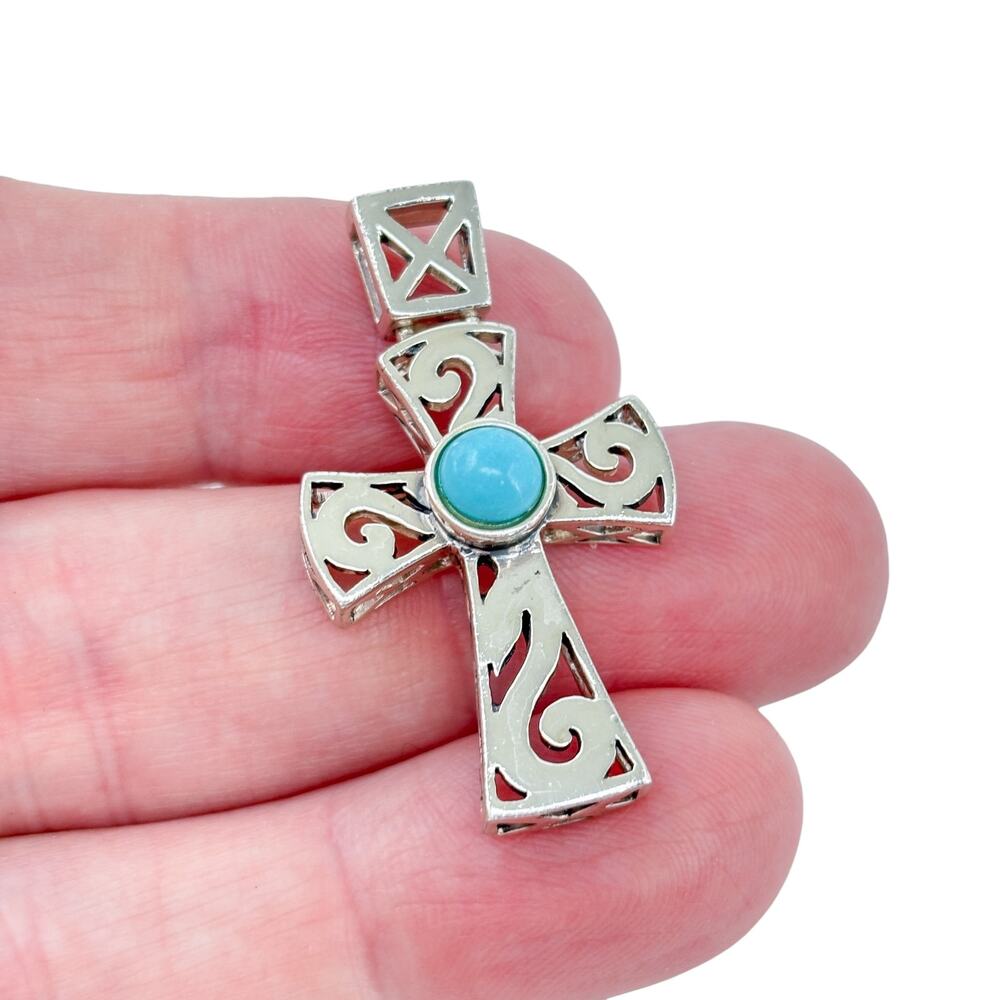 Vintage Sterling Silver 925 Ornate Persian Turquoise Cross Pendant